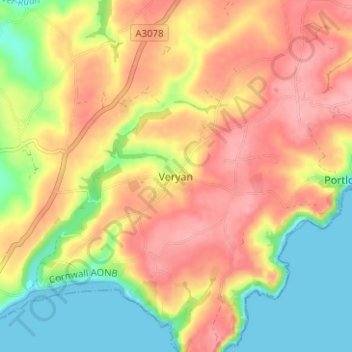 Veryan topographic map, elevation, terrain