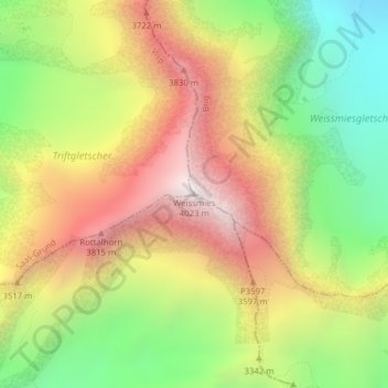 Weissmies topographic map, elevation, terrain