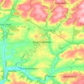 South Molton topographic map, elevation, terrain