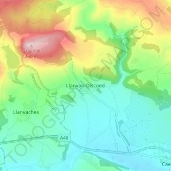 Llanvair-Discoed topographic map, elevation, terrain