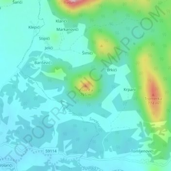 Visočica topographic map, elevation, terrain