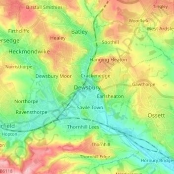 Dewsbury topographic map, elevation, terrain