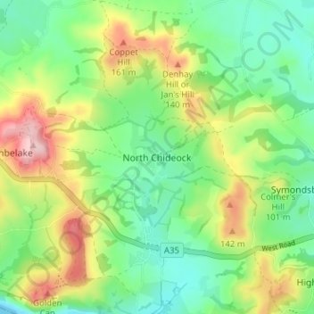 North Chideock topographic map, elevation, terrain