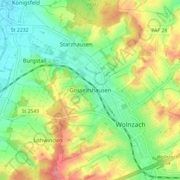 Gosseltshausen topographic map, elevation, terrain