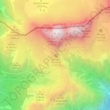 Forcella Longeres topographic map, elevation, terrain