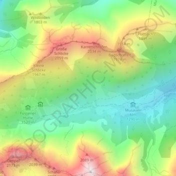 Tannheim Mountains topographic map, elevation, terrain