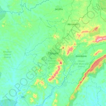 Obuasi topographic map, elevation, terrain