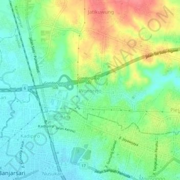 Wonorejo topographic map, elevation, terrain