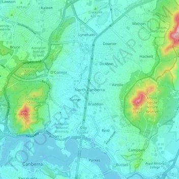 North Canberra topographic map, elevation, terrain