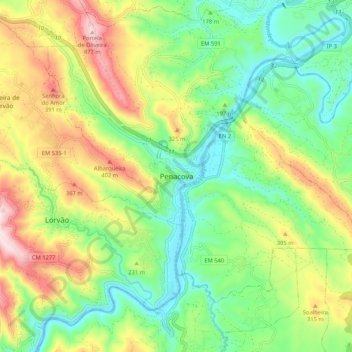 Penacova topographic map, elevation, terrain