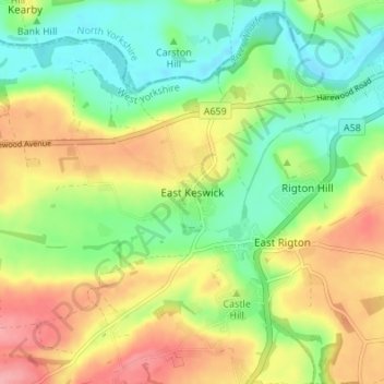 East Keswick topographic map, elevation, terrain