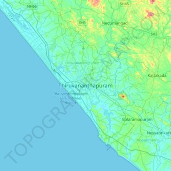 Thiruvananthapuram topographic map, elevation, terrain