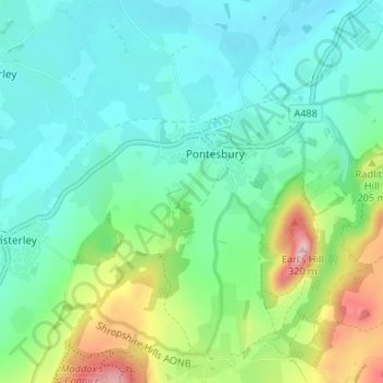 Pontesbury Hill topographic map, elevation, terrain