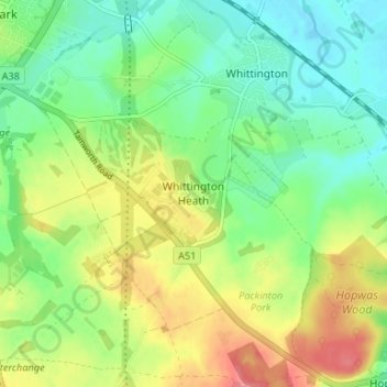 Whittington Heath topographic map, elevation, terrain