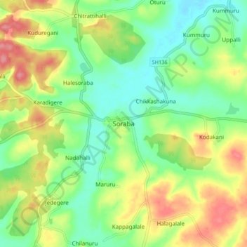 Soraba topographic map, elevation, terrain