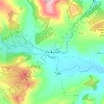 Glenkindie topographic map, elevation, terrain