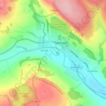 Weardale topographic map, elevation, terrain