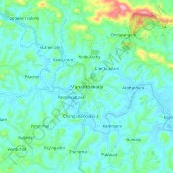 Mananthavady topographic map, elevation, terrain