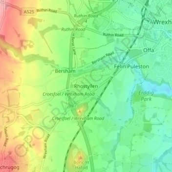 Rhostyllen topographic map, elevation, terrain