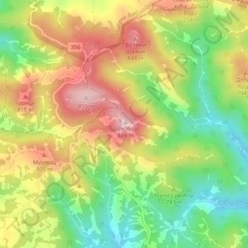 Suvobor topographic map, elevation, terrain