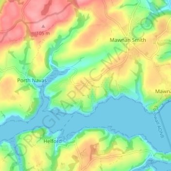 Trebah topographic map, elevation, terrain