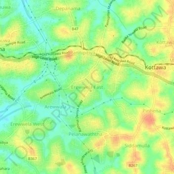 Erewwela East topographic map, elevation, terrain