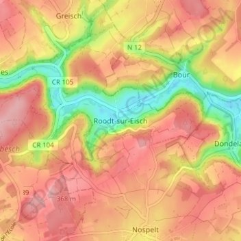 Roodt-sur-Eisch topographic map, elevation, terrain