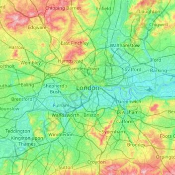 London topographic map, elevation, terrain