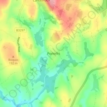 Porkellis topographic map, elevation, terrain