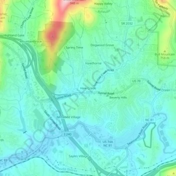 Haw Creek topographic map, elevation, terrain