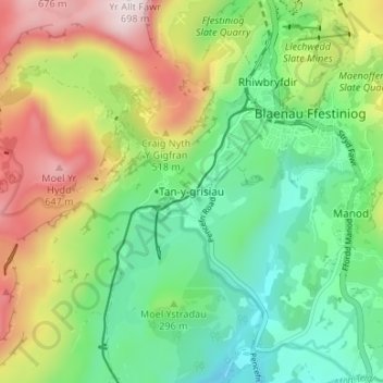 Tan-y-grisiau topographic map, elevation, terrain