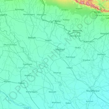 Pūrba Champāran topographic map, elevation, terrain