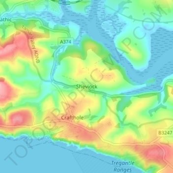 Sheviock topographic map, elevation, terrain