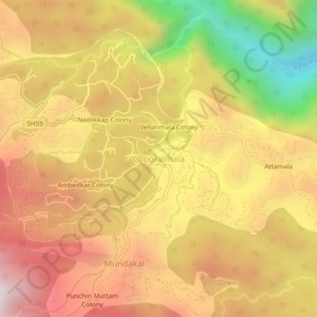 Chooralmala topographic map, elevation, terrain