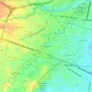 Wirogunan topographic map, elevation, terrain