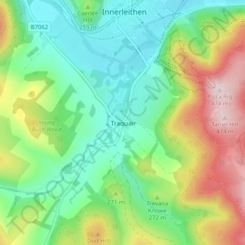 Traquair topographic map, elevation, terrain