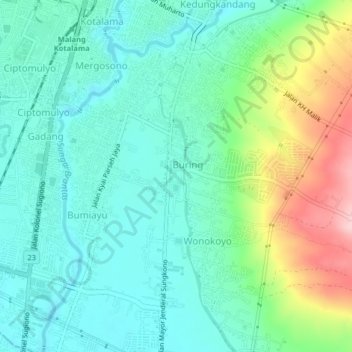 Kedungkandang topographic map, elevation, terrain