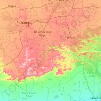 Mhow Tahsil topographic map, elevation, terrain