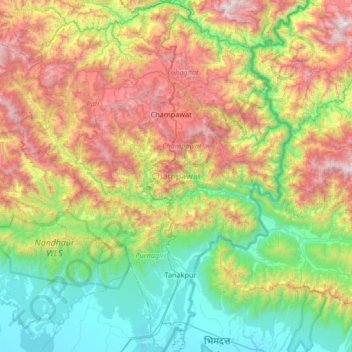 Champawat District topographic map, elevation, terrain