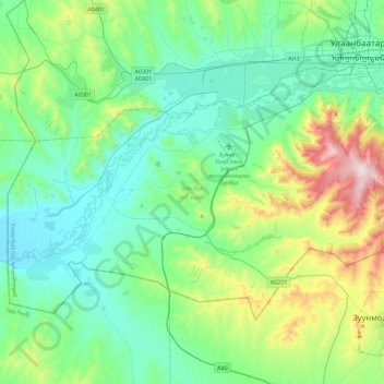 Khan-Uul topographic map, elevation, terrain