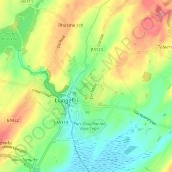 Llangefni topographic map, elevation, terrain