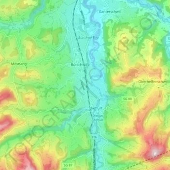 Bütschwil topographic map, elevation, terrain