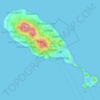 Saint Kitts topographic map, elevation, terrain