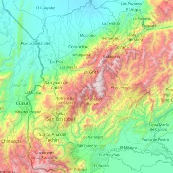 Tachira State topographic map, elevation, terrain
