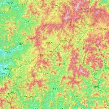 평창군 topographic map, elevation, terrain