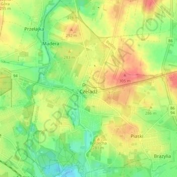 Czeladź topographic map, elevation, terrain