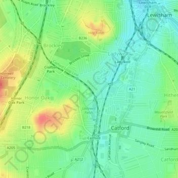 Ladywell Fields topographic map, elevation, terrain