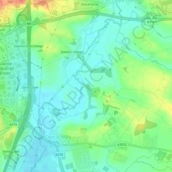 Sowton topographic map, elevation, terrain