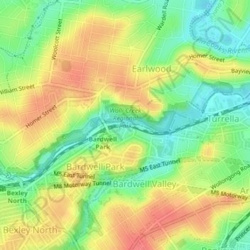 Wolli Creek Regional Park topographic map, elevation, terrain
