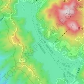 Lake Ashi topographic map, elevation, terrain